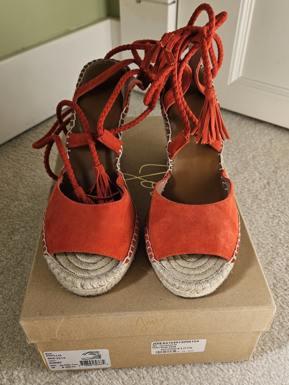 Joie Sunset/Orange Suede Lace-Up Espadrille Wedge Sandals
